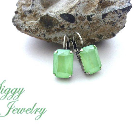 Mint Green Emerald Cut Drop Lever Back Crystal Earrings, Assorted Finishes - Picture 4 of 6